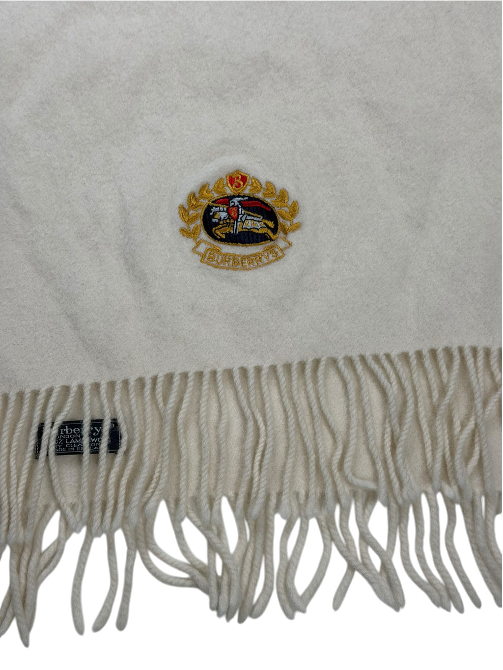 Burberry Lambswool Scarf Large Shawl Size Cream Knight Embroidered