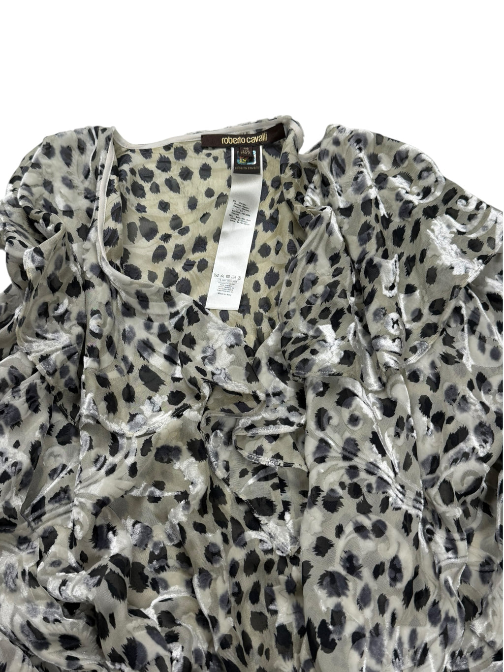 Roberto Cavalli Silk Viscous Leopard Print Chiffon Blouse Top Cape Collar Tg 46