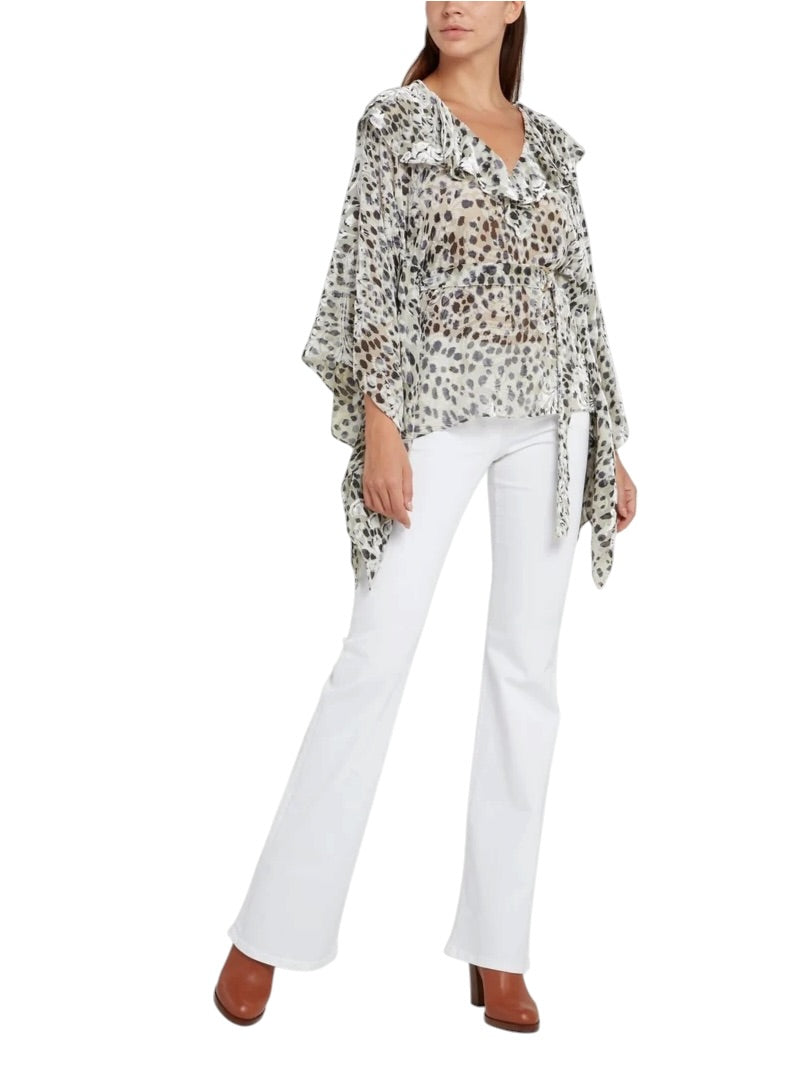 Roberto Cavalli Silk Viscous Leopard Print Chiffon Blouse Top Cape Collar Tg 46
